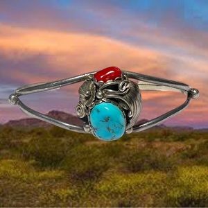 Rose Castillo Sterling Silver Turquoise & Coral Cuff Bracelet 7”